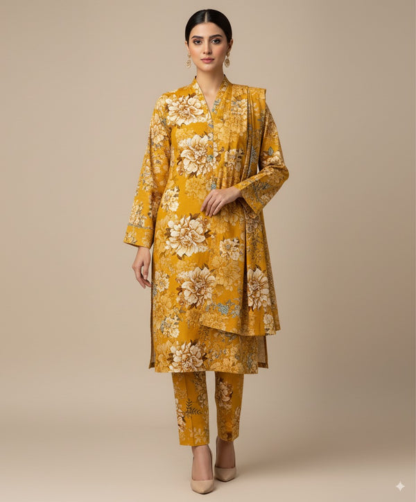 D#7056 MUSTARD DIGITAL CLASSIC LINEN 3PCS UNSTITCHED