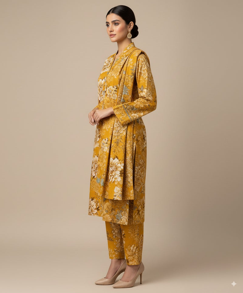 D#7056 MUSTARD DIGITAL CLASSIC LINEN 3PCS UNSTITCHED