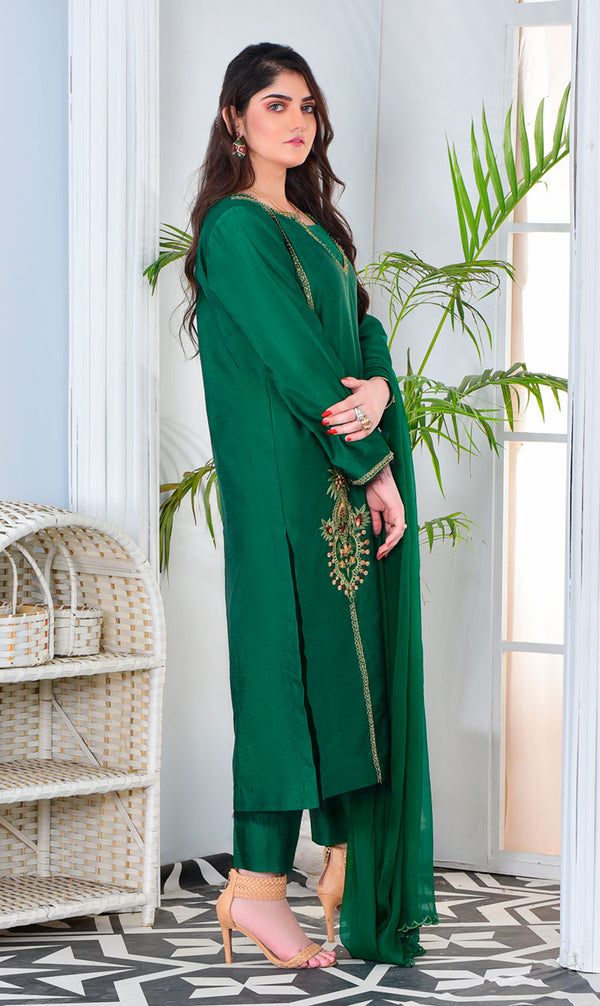 LNF-116 BOTTLE GREEN RTW EMBROIDERED SILK