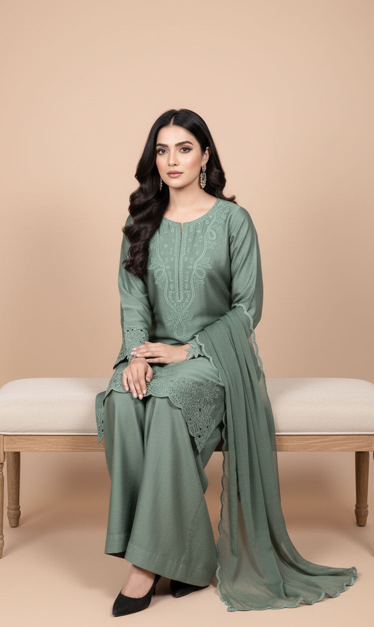 LNF-122 FROSTY GREEN RTW EMBROIDERED SILK