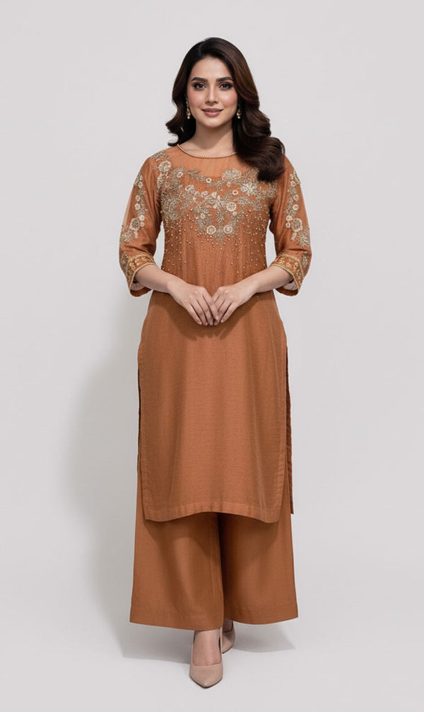 LNF-123 BURNT ORANGE RTW EMBROIDERED SILK