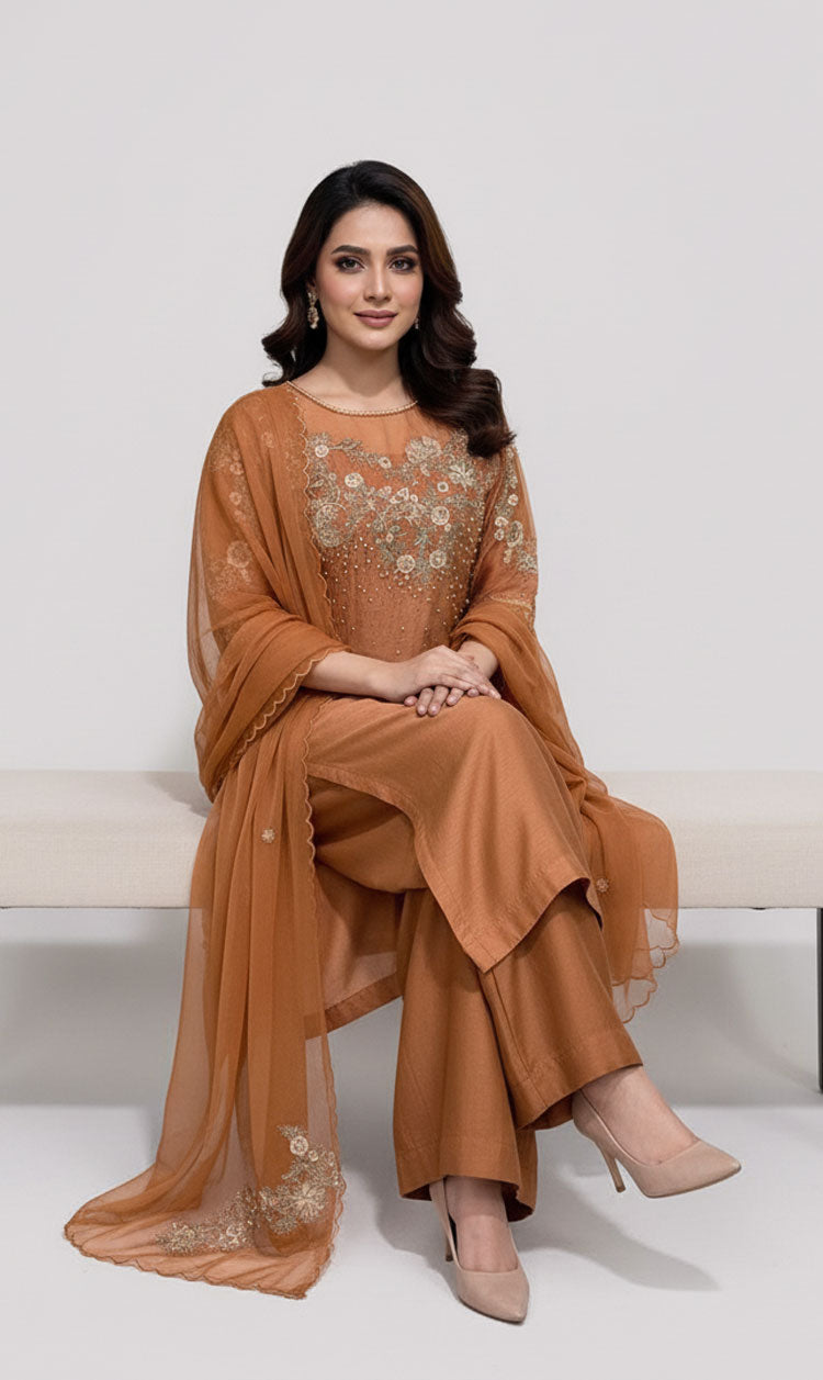 LNF-123 BURNT ORANGE RTW EMBROIDERED SILK