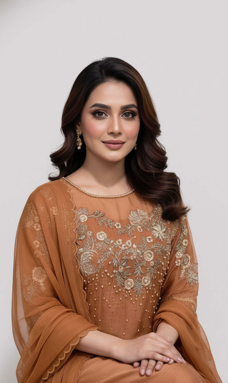 LNF-123 BURNT ORANGE RTW EMBROIDERED SILK