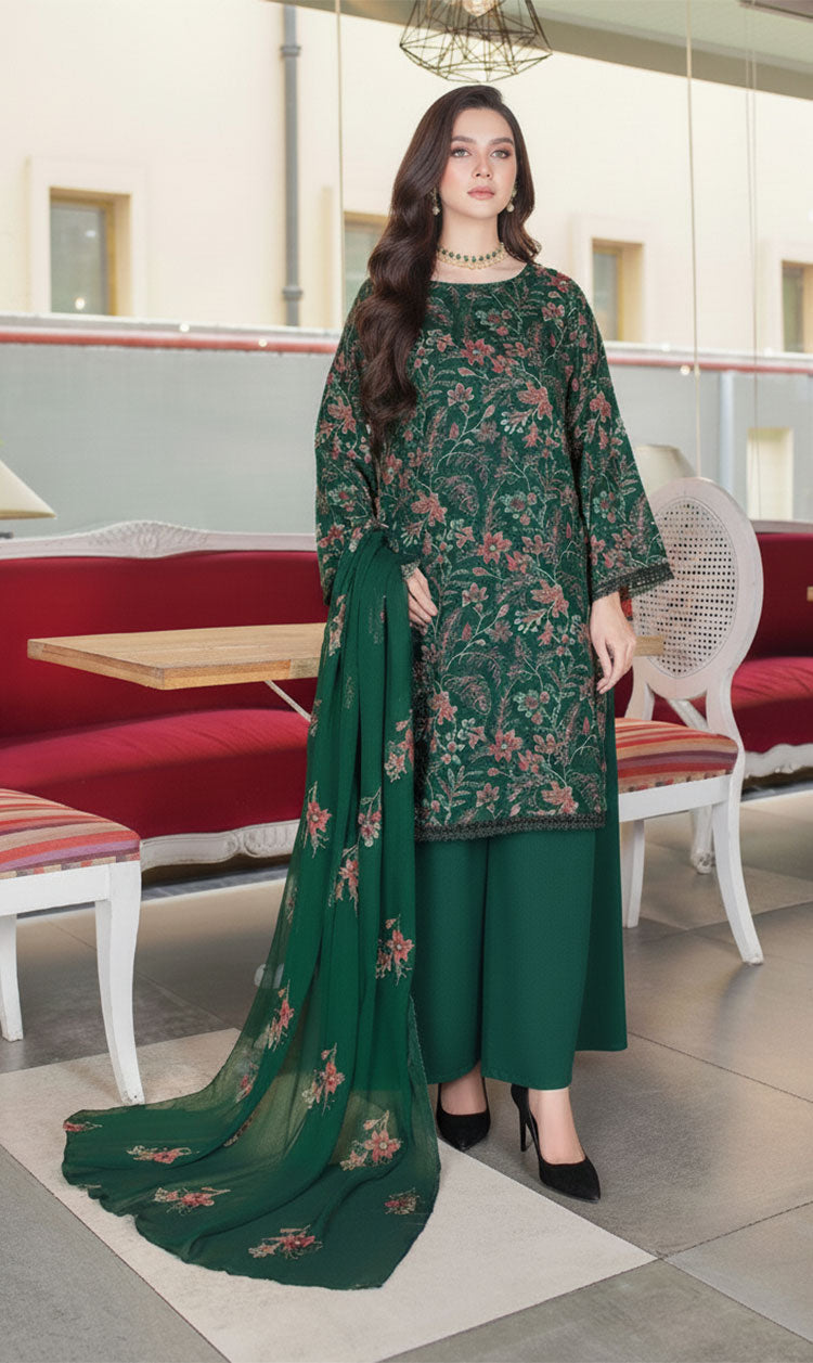 LNF-139 Bottle Green Karandi 3 Piece Unstitched