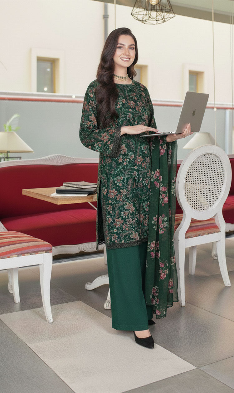 LNF-139 Bottle Green Karandi 3 Piece Unstitched