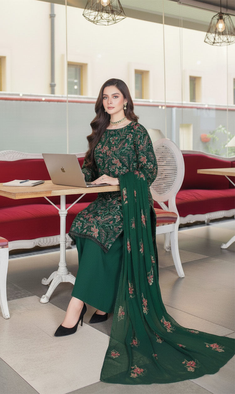 LNF-139 Bottle Green Karandi 3 Piece Unstitched