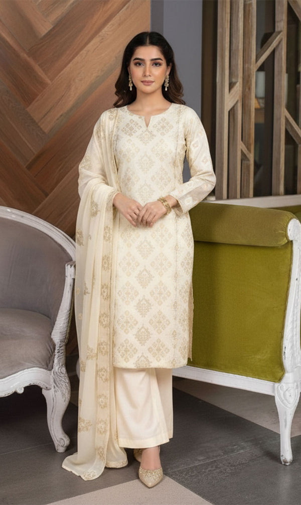 LNF-146 OFF White Karandi 3 Piece Unstitched