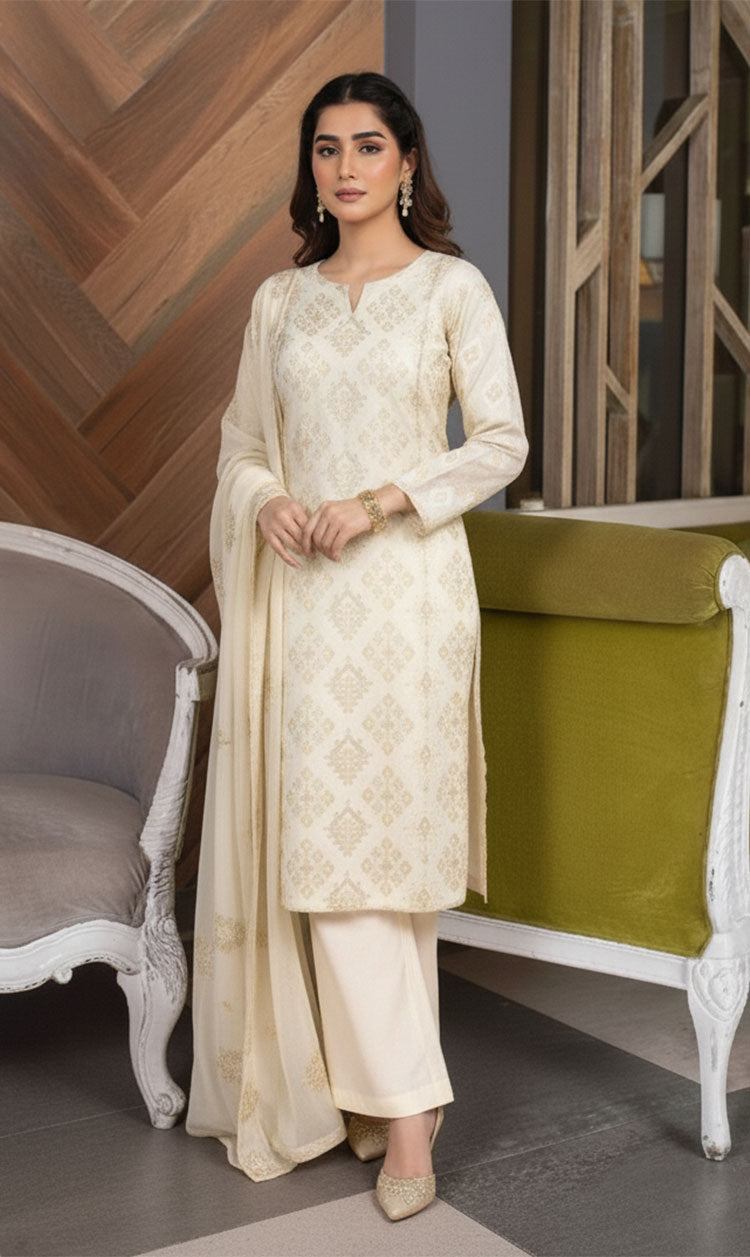 LNF-146 OFF White Karandi 3 Piece Unstitched