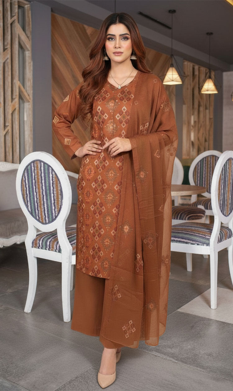 LNF-147 Pecan Brown Karandi 3 Piece Unstitched