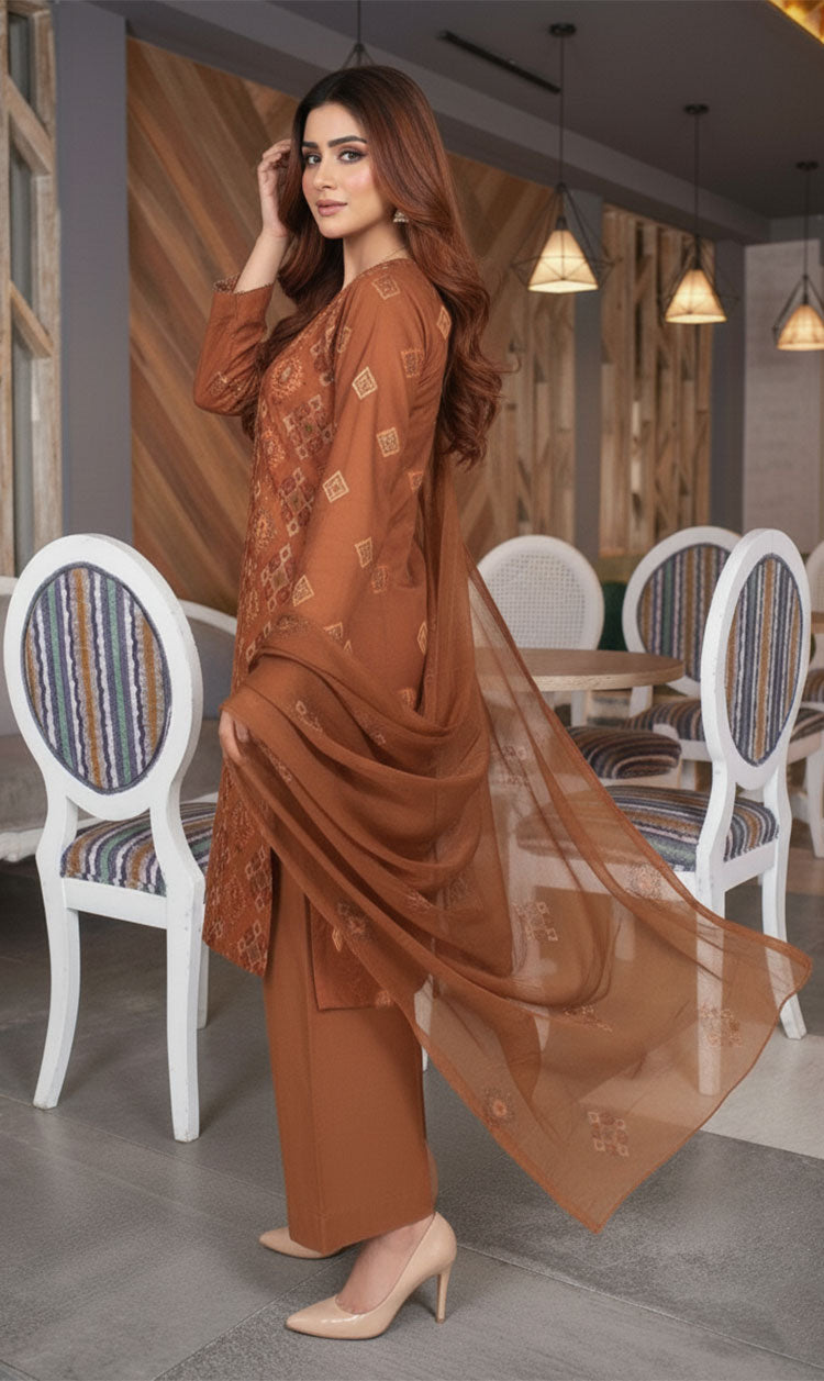 LNF-147 Pecan Brown Karandi 3 Piece Unstitched