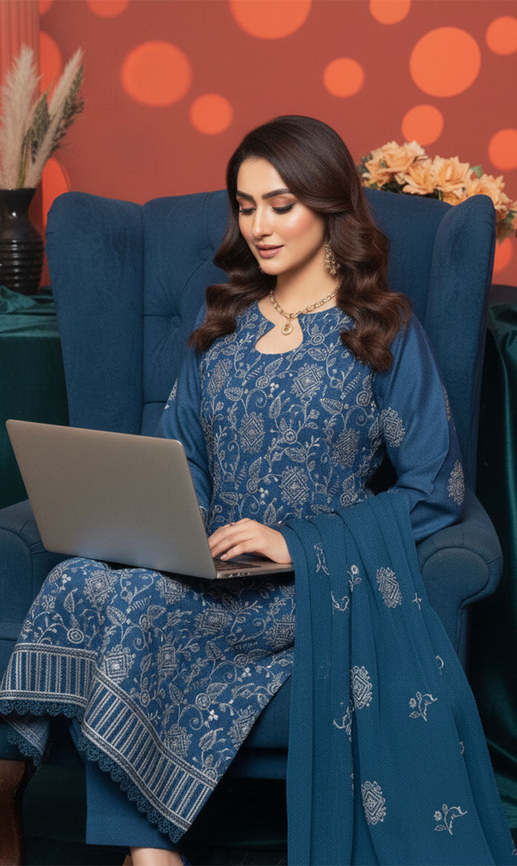 LNF-148 Teal Blue Karandi 3 Piece Unstitched