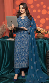 LNF-148 Teal Blue Karandi 3 Piece Unstitched