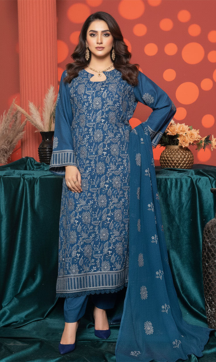 LNF-148 Teal Blue Karandi 3 Piece Unstitched