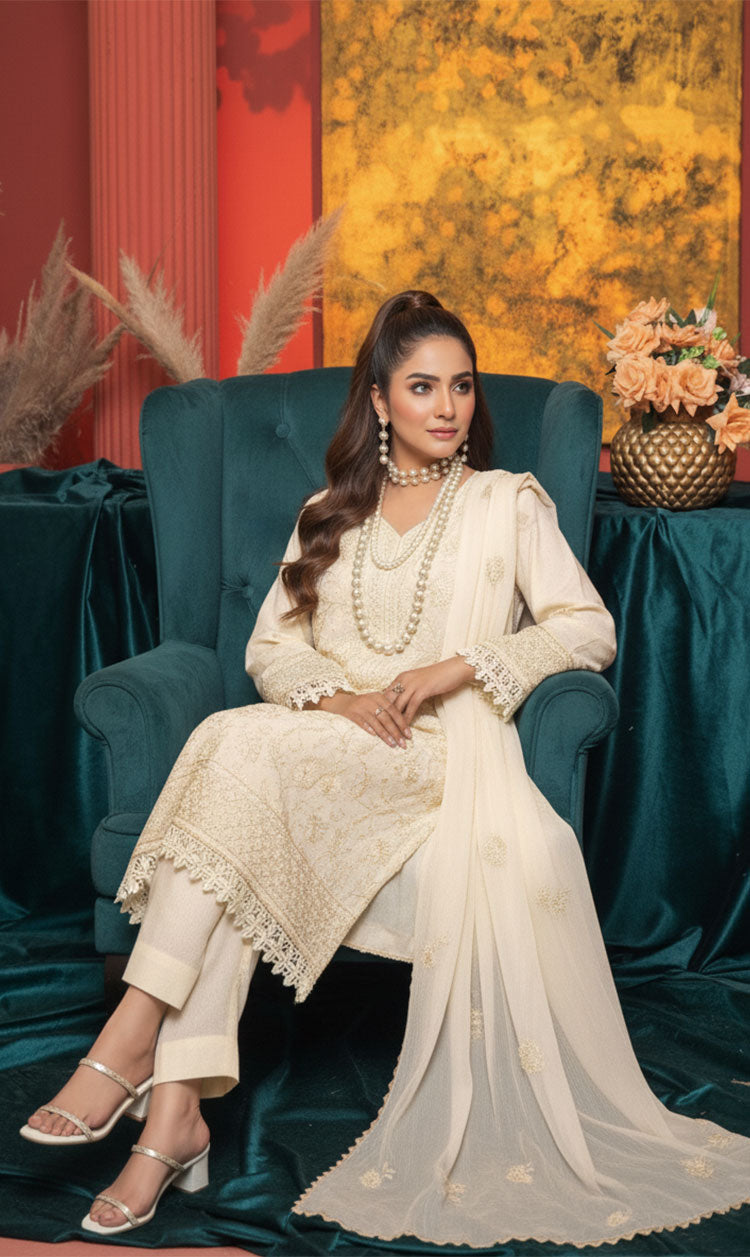 LNF-150 Off White Karandi 3 Piece Unstitched