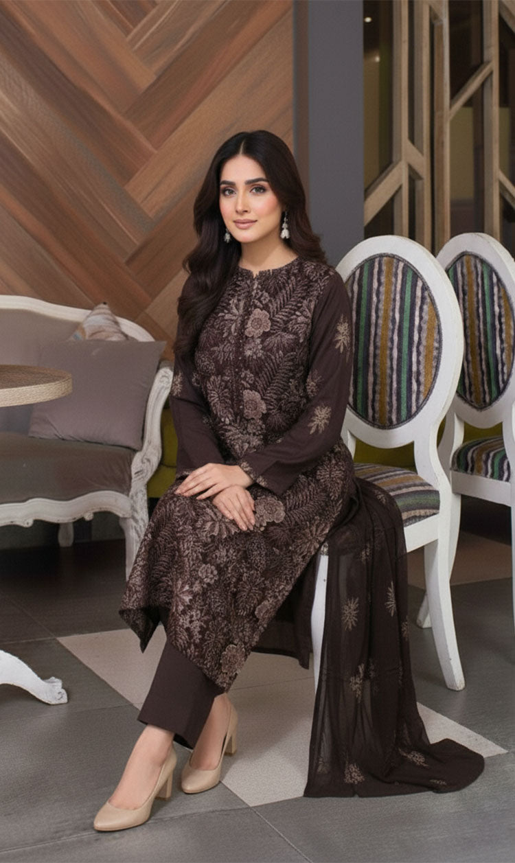 LNF-157 Deep Brown Karandi 3 Piece Unstitched