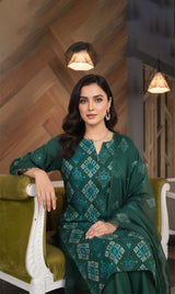 LNF-161 Bottle Green Karandi 3 Piece Unstitched