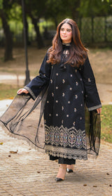 LNF 184 BLACK CHIKAN KARI LAWN 3 PCS
