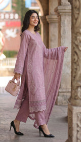 LNF 189 TEA PINK CHIKAN KARI LAWN 3 PCS