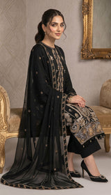 LNF 191 BLACK CHIKAN KARI LAWN 3 PCS
