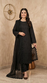 LNF 194 BLACK CHIKAN KARI LAWN 3 PCS