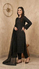 LNF 194 BLACK CHIKAN KARI LAWN 3 PCS