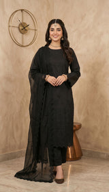 LNF 194 BLACK CHIKAN KARI LAWN 3 PCS