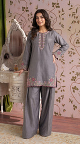 LNF-198 GREY 2 PCS RTW EMBROIDERED SILK