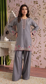 LNF-198 GREY 2 PCS RTW EMBROIDERED SILK