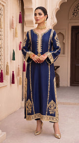 LNF-202 NAVY BLUE 2 PCS RTW EMBROIDERED SILK