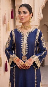 LNF-202 NAVY BLUE 2 PCS RTW EMBROIDERED SILK