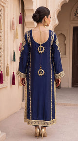 LNF-202 NAVY BLUE 2 PCS RTW EMBROIDERED SILK