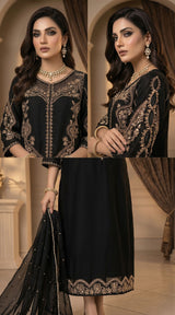 LNF-203 BLACK RTW LONG 3 PCS KAFTAAN