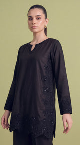 LNF-208 BLACK 2 PCS RTW EMBROIDERED SILK