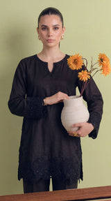 LNF-208 BLACK 2 PCS RTW EMBROIDERED SILK