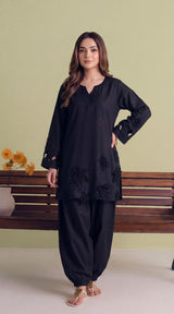 LNF-209 BLACK 2 PCS RTW EMBROIDERED SILK