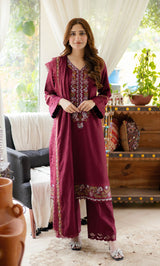 3 PCS LNF-32 MAROON VISCOSE SHIRT & TROUSER WITH SHAWL