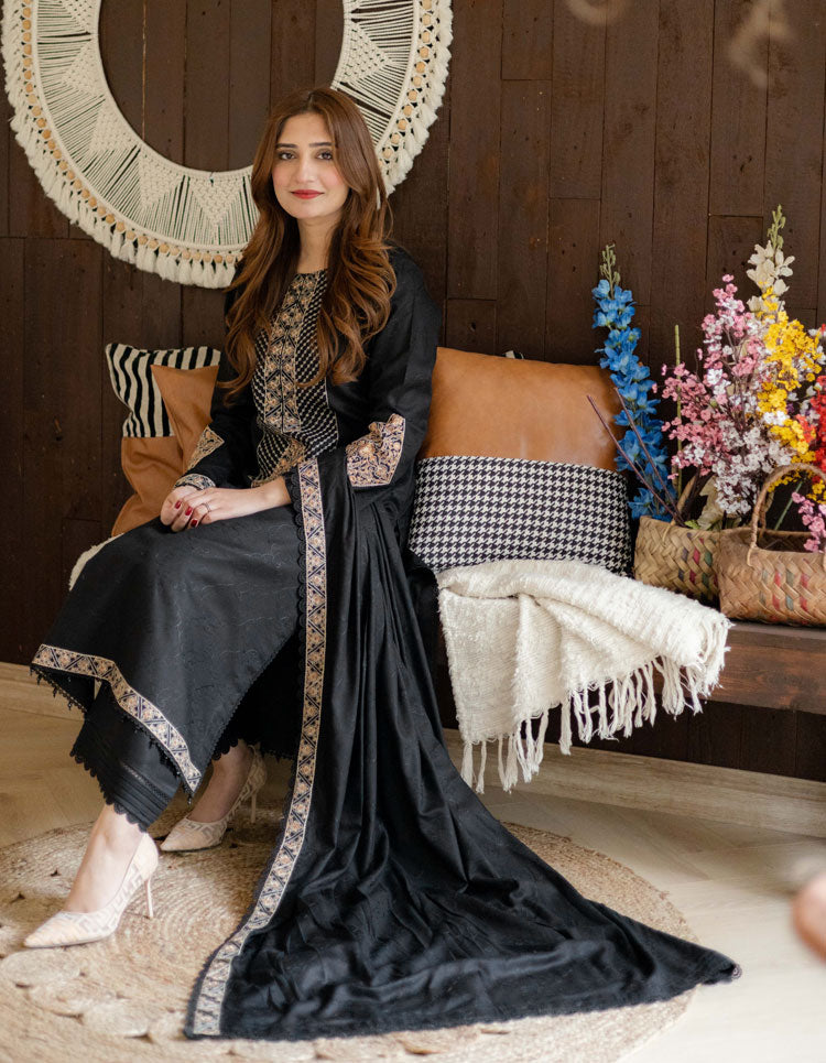 3 PCS LNF-34-BLACK VISCOSE SHIRT & TROUSER WITH SHAWL