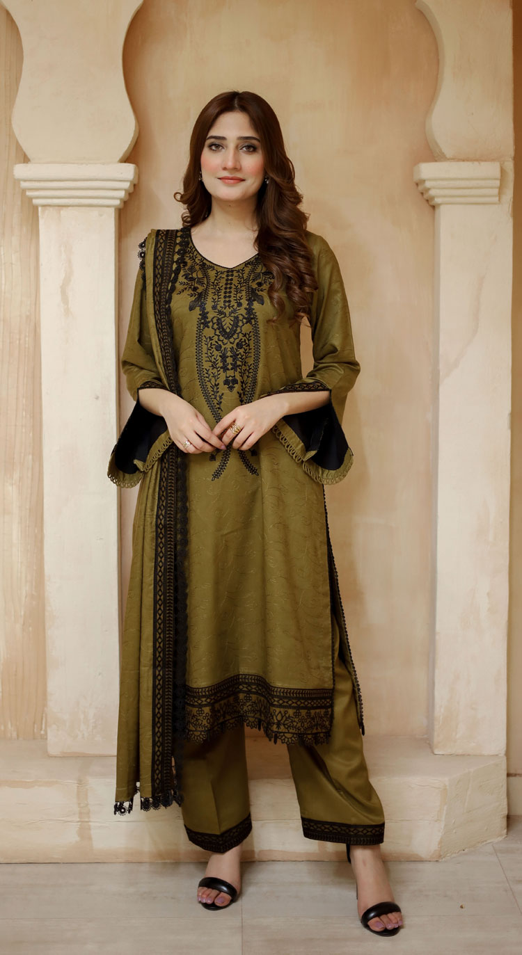 3 PCS LNF-37-MEHNDI VISCOSE SHIRT & TROUSER WITH SHAWL