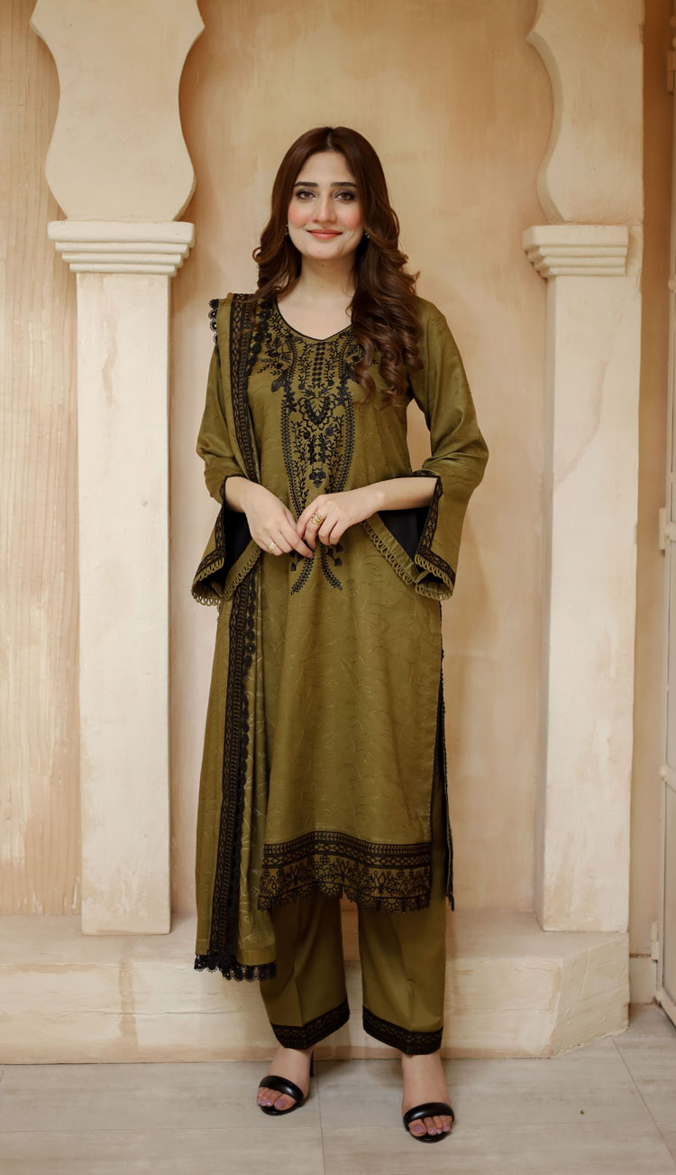 3 PCS LNF-37-MEHNDI VISCOSE SHIRT & TROUSER WITH SHAWL