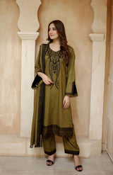 3 PCS LNF-37-MEHNDI VISCOSE SHIRT & TROUSER WITH SHAWL