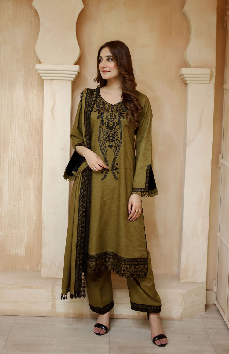 3 PCS LNF-37-MEHNDI VISCOSE SHIRT & TROUSER WITH SHAWL