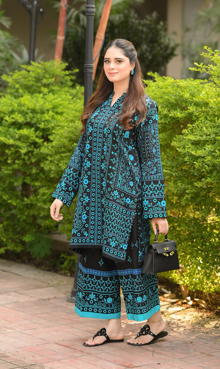 LNF P010 PRINTED CO-ORD SET TEAL BLACK