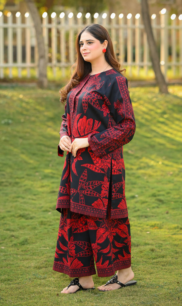 LNF P011 PRINTED CO-ORD SET RED & BLACK