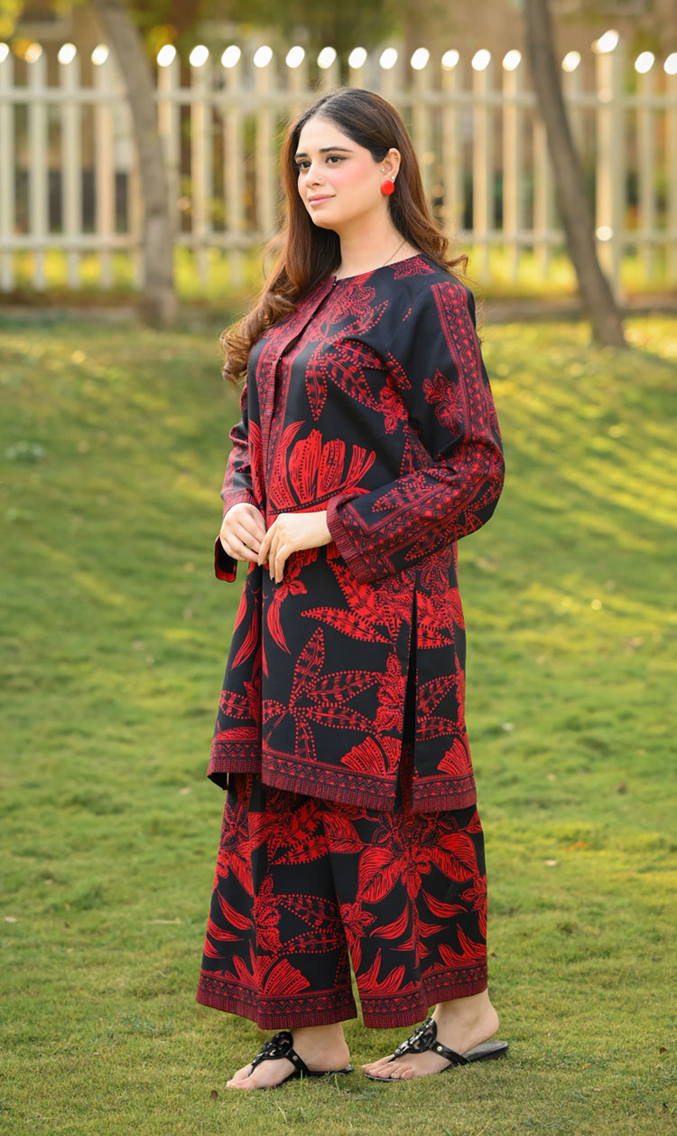LNF P011 PRINTED CO-ORD SET RED & BLACK