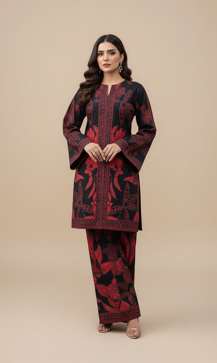 LNF P011 PRINTED CO-ORD SET RED & BLACK