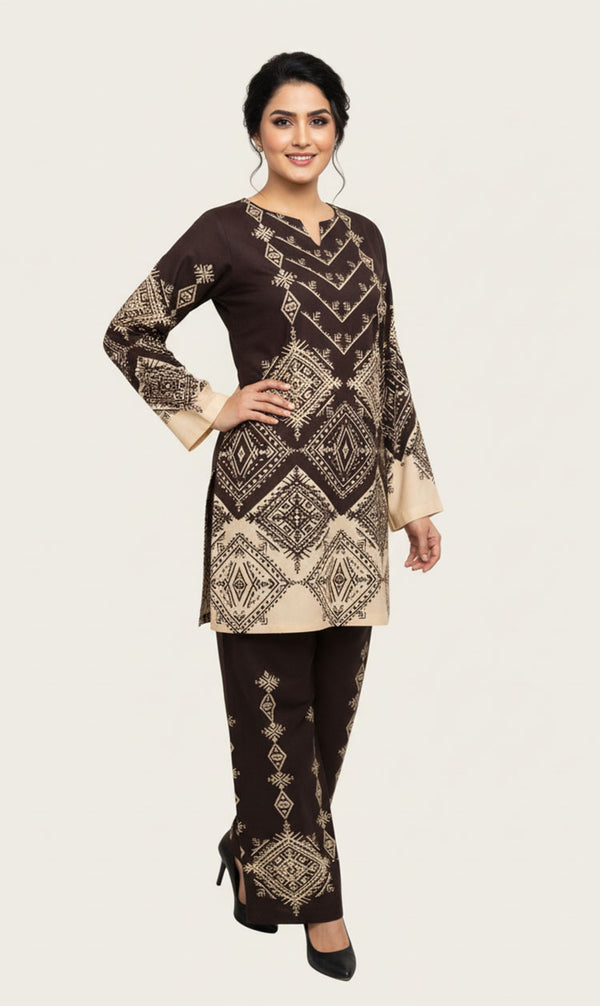 LNF P017 PRINTED CO-ORD SET DEEP BROWN
