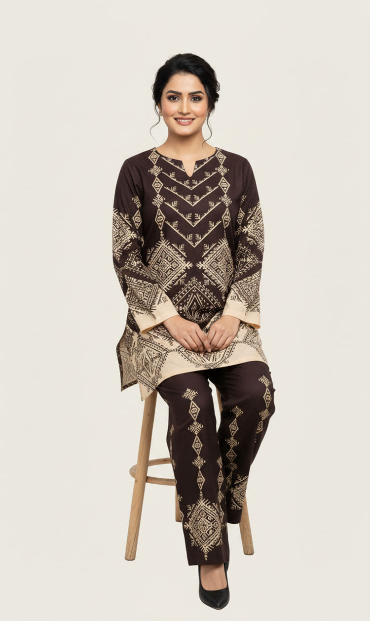 LNF P017 PRINTED CO-ORD SET DEEP BROWN