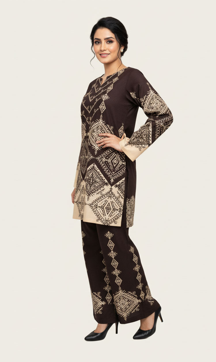 LNF P017 PRINTED CO-ORD SET DEEP BROWN