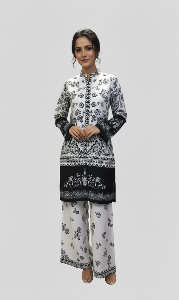 LNF P017 PRINTED CO-ORD SET SILVER & BLACK