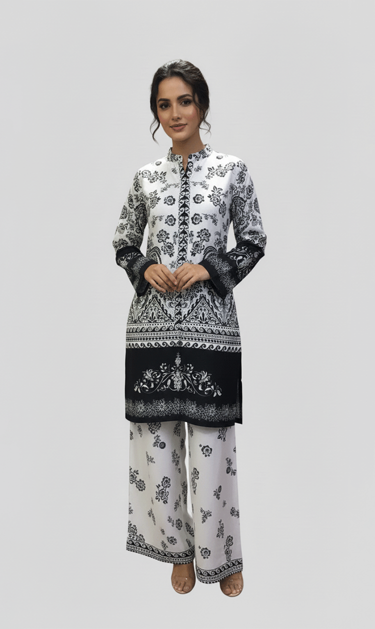 LNF P017 PRINTED CO-ORD SET SILVER & BLACK